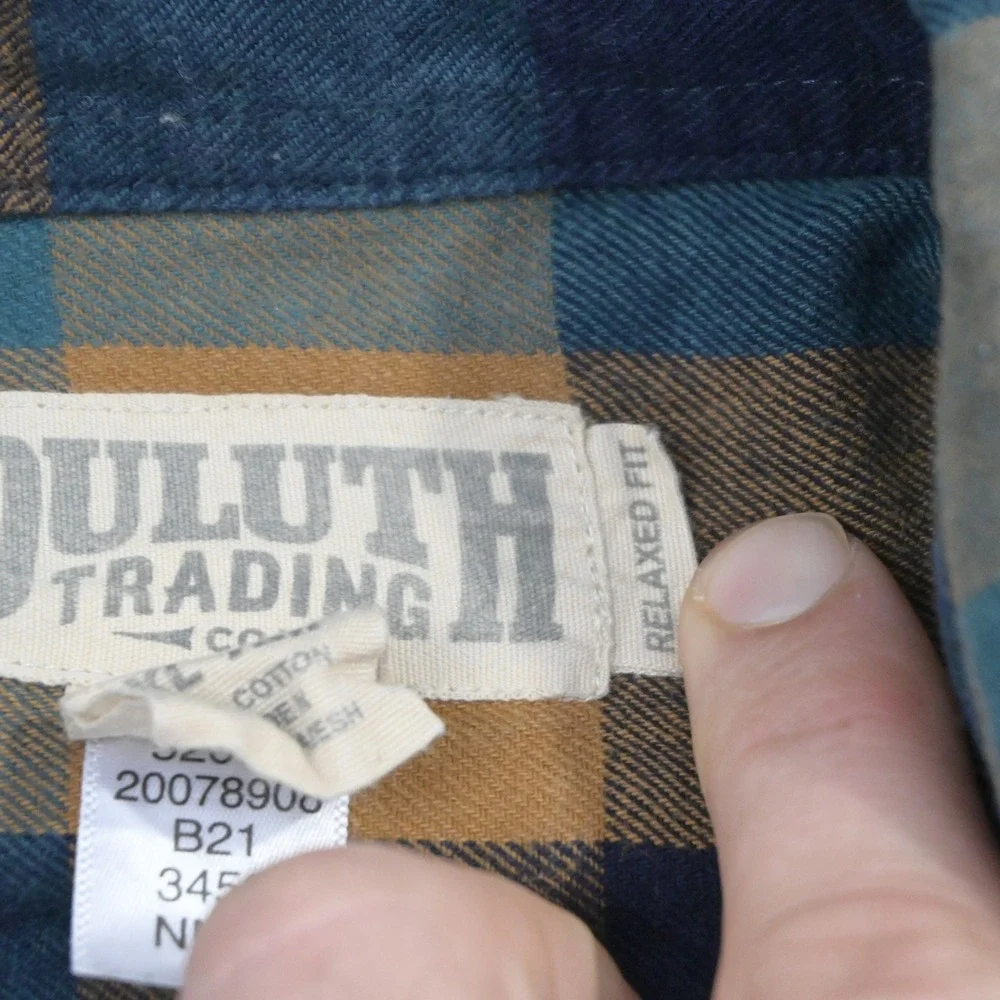 Duluth Trading Co Flannel Button Up Mens XL Tall Relaxed Fit Blue Gold Plaid
